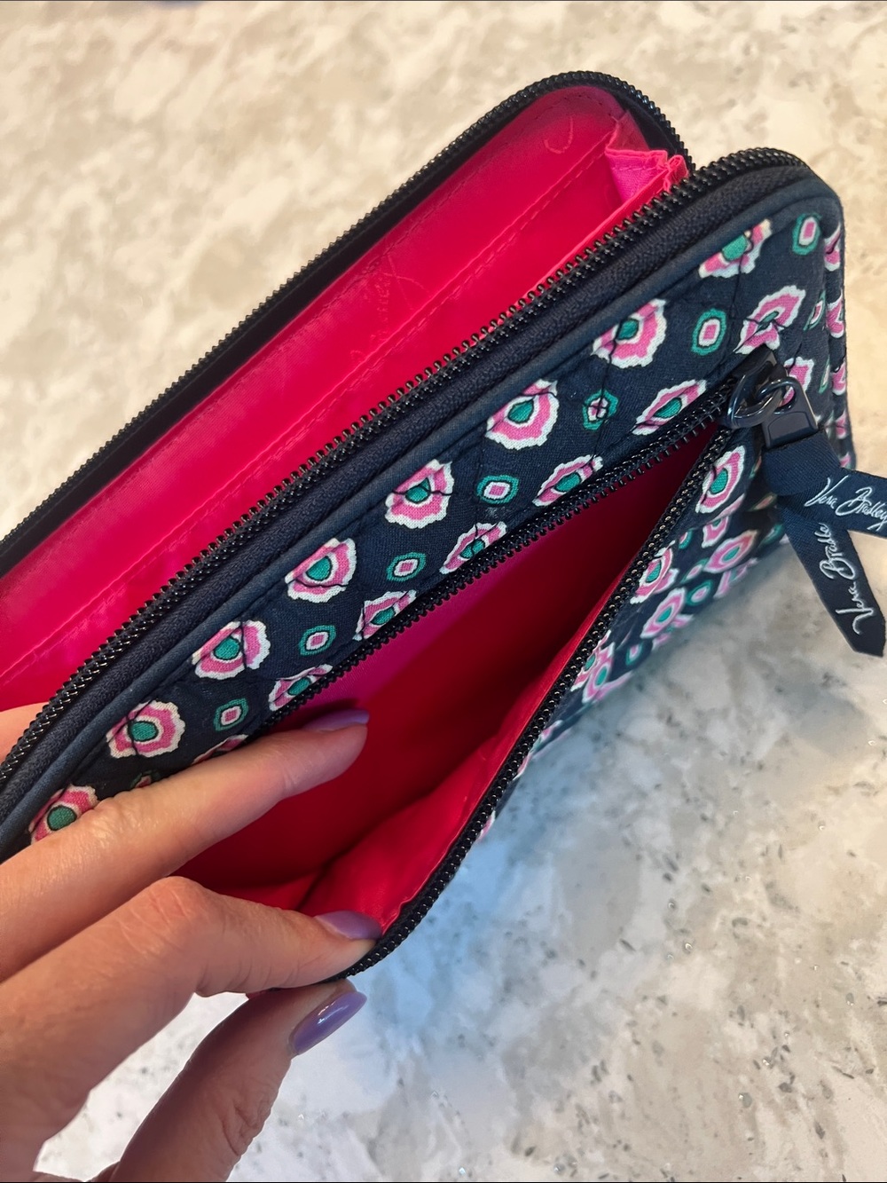 Vera Bradley Preppy Turnlock Quilted Wallet Pink/Green/White/Navy (Petal Dots) - Picture 4 of 7